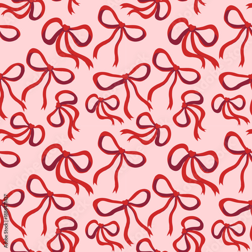 Elegant Red Ribbon Bows Seamless Pattern on Pink Background