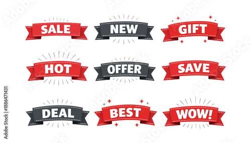 Modern graphic ribbon banners set featuring marketing phrases like 'sale,' 'new,' and 'offer' for online promotions and retail advertising