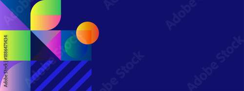Elegant dark blue background featuring a colorful geometric sidebar with circles triangles and diagonal stripes