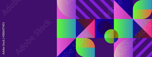 A rich deep purple background combined with a vibrant geometric mosaic featuring neon green and pink accents
