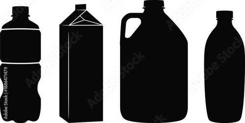 Plastic bottle, milk carton, gallon jug, beverage container silhouettes, black packaging icons, isolated on white background, minimalist vector illustration