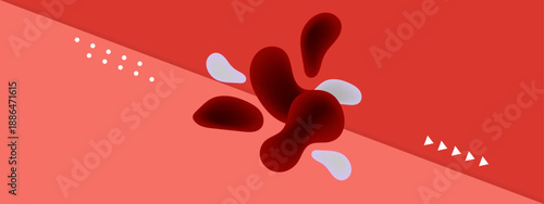 Minimalist background featuring dark red liquid splashes and white geometric accents on a red field