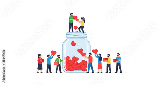 Group of people adding hearts to a jar in a symbolic act of love  