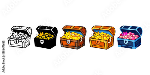 Treasure chests with gold coins and gems set