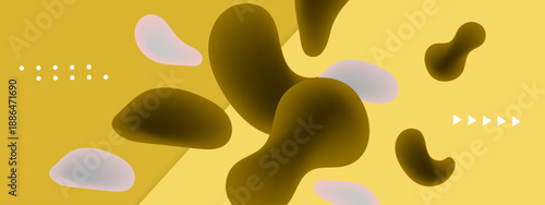 Bright yellow background featuring floating dark fluid shapes and minimal geometric patterns