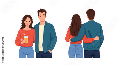 Young couple smiling together in casual outfits facing each other  