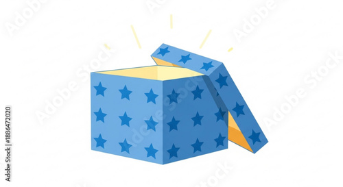 Blue gift box with stars and open lid revealing light inside  