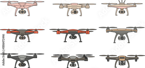 Set of professional camera drones and quadcopters in various colors and angles isolated on white background for aerial photography and surveillance technology concepts.