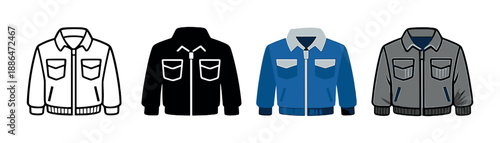 Four stylish jackets: white, black, blue, and gray on gradient background