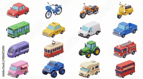 Massive 3D Isometric Vehicle Collection: Cute Stylized Cartoon Set of 16 Transportation Icons including Sedan, Bus, Train, Taxi, Fire Truck, Tractor, Motorcycle, Camper, and Pickup Truck isolated