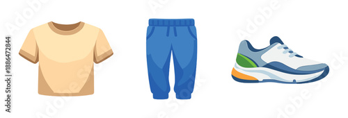 Casual outfit with beige t-shirt, blue pants, and stylish sneakers