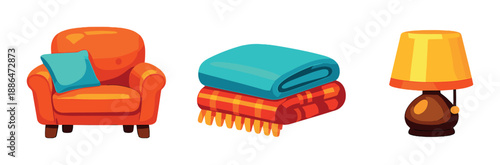 Cozy interior design elements: vibrant armchair, soft blankets, warm table lamp