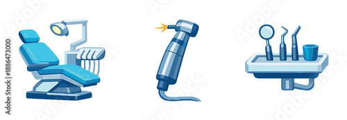 Futuristic dental symbols with chair, handpiece, and tools illustration