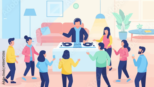 People enjoying a DJ party in a cozy living room with music and drinks