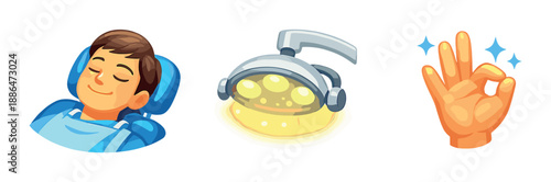 Cartoon dental visit scene with male patient and dental equipment