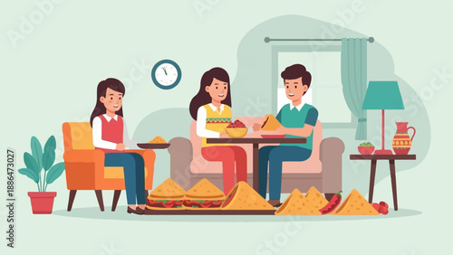 People enjoying a meal indoors, featuring snacks and drinks