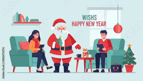 People and Santa celebrating New Year indoors with festive decor