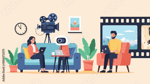 People and robot working with laptops in a film-themed room