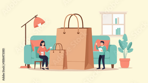 People and shopping bags in a living room with plants and furniture