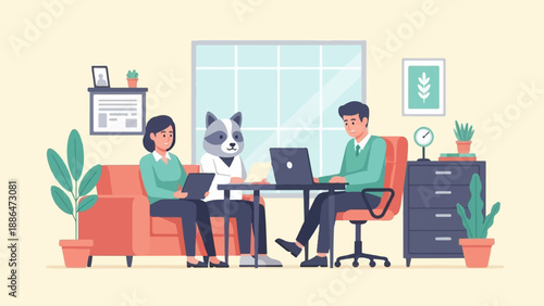 People and raccoon in office setting with laptops and plants