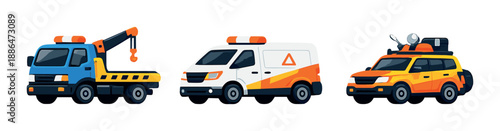 Colorful tow truck, ambulance, and suv on gradient background