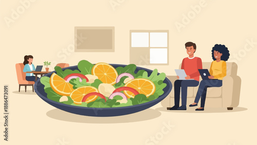 People enjoying a healthy salad while working remotely or relaxing at home