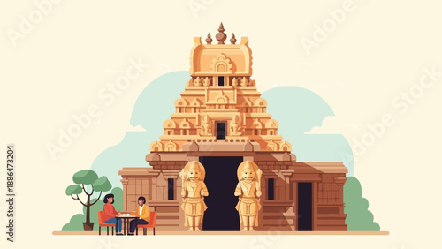 People enjoying coffee by a grand temple with statues and decorative architecture