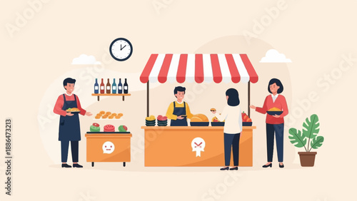 People buying food from a street stall