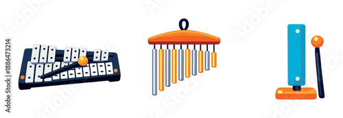 Colorful abstract musical instruments illustration with xylophone, wind chimes, and desk bell