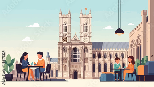 People enjoying coffee outside a grand historical building in a city