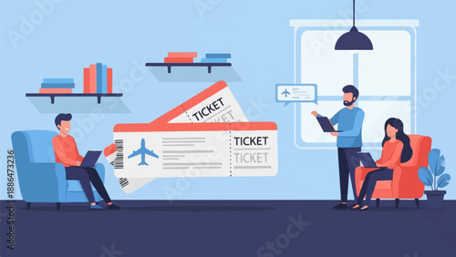 People booking flights online using laptops in a cozy room