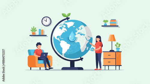 People caring for Earth, globe with water drop, indoor scene