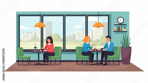 People enjoying drinks and conversation at a cafe with a city view