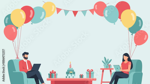 People celebrating a birthday remotely with laptops, cake, gifts, and balloons