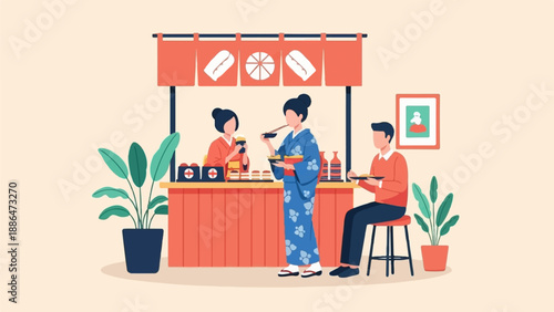 People enjoying food at a Japanese street food stall