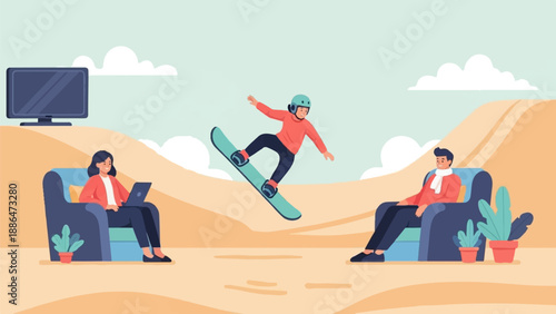 People enjoying leisure activities, indoor and outdoor