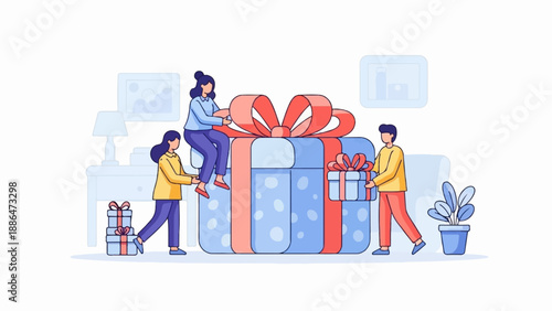 People celebrating, surrounded by gifts and festive decorations