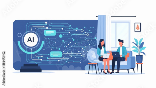 People collaborate on laptops with AI network visualization in modern office