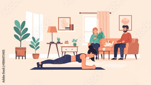 People exercising and relaxing in a cozy home environment with plants