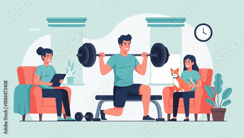 People exercising at home with a dog and tablet