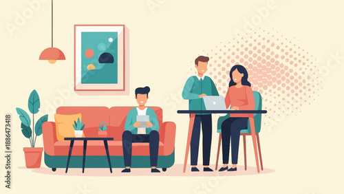 People collaborating and working from a comfortable home office setup