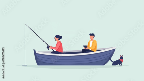 People fishing and using tablet in a boat with a cat
