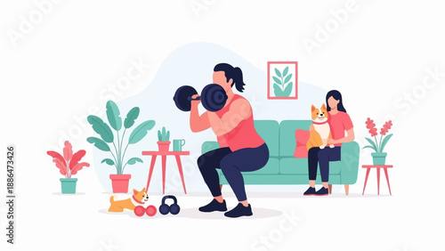 People exercising at home with pets and plants
