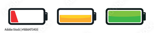 Battery icons showing low, medium, and full charge levels on gray background