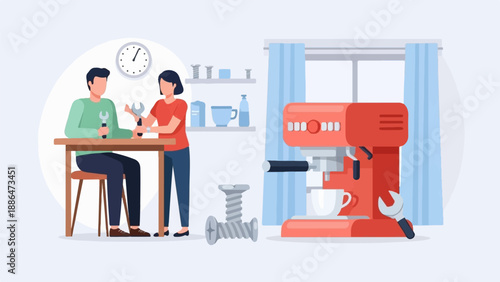 People fixing coffee machine with tools, kitchen setup