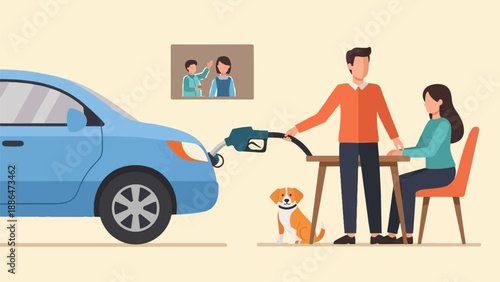 People fueling car at station, dog waits, framed family portrait