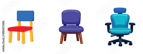 Colorful glow of three chairs: red, purple, and blue in gradient lighting