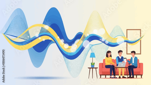 People gather around a laptop on a couch with a vibrant abstract wave background