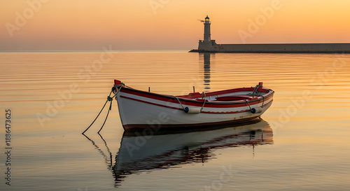Serene Fishing Boat on Calm Water with Lighthouse in the Background During Sunset