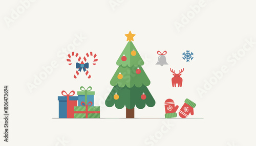 Festive Christmas holiday flat vector scene with decorated tree gifts reindeer and winter accessories